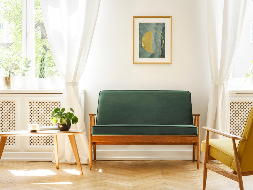 cute green sofa wood base photograph white curtains modern interior design blog