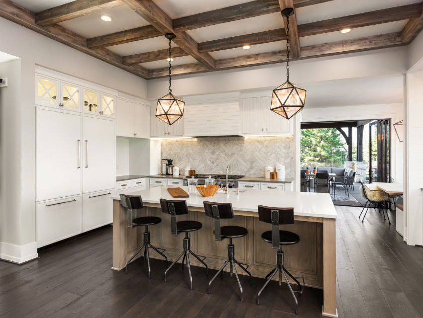 transitional kitchen wood beams pendants stools blogging about design projects