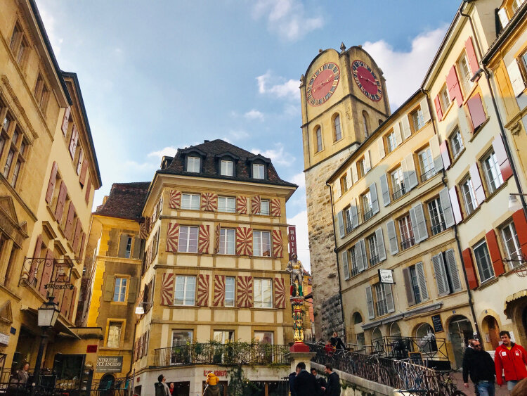 neuchatel+hotel+l+aubier+pinstripes+candy+striped+red+white+shutters+clock+tower+design+abroad