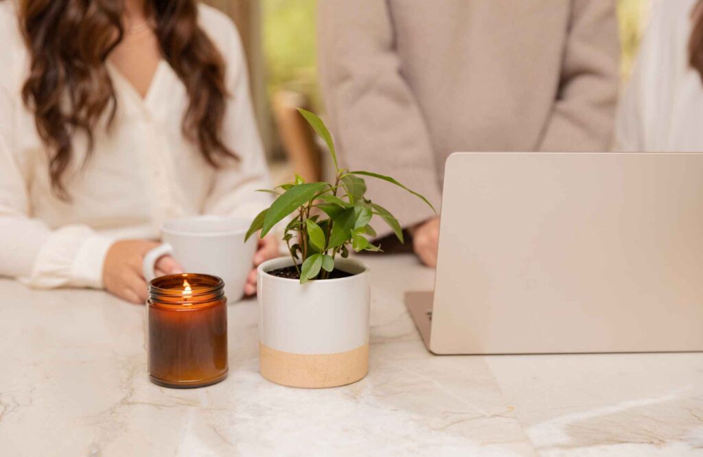 ochre-and-beige-worldwide-interior-design-marketing-value-of-blog-posts-on-website-two-professional-women-working-on-laptop-neutral-colors-creative